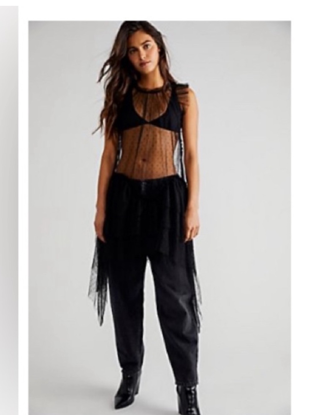 Free People Mia Mesh Maxi Top Rich Black Sheer Ruffle Embrodiery Dress NWOT Sz M